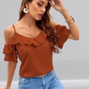 Blusa ribete con fruncido de hombros descubiertos